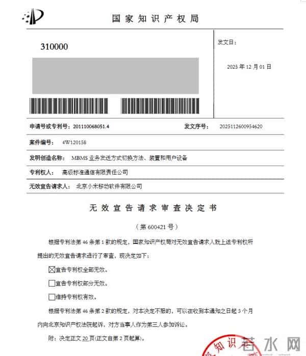 小米再下一城，原中兴通讯专利被宣告无效