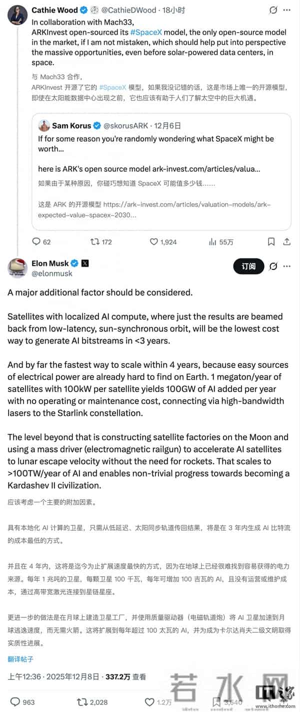 马斯克最新宏大设想：每年发射百万吨级的卫星来扩张AI算力