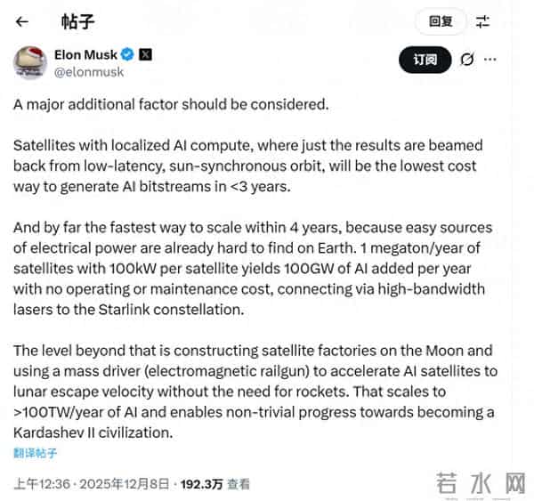 马斯克“太空AI”设想：每年发射1百万吨AI卫星、建设月球卫星工厂