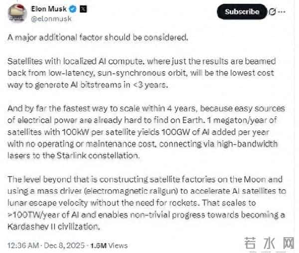 马斯克谈每年发射100万吨AI卫星