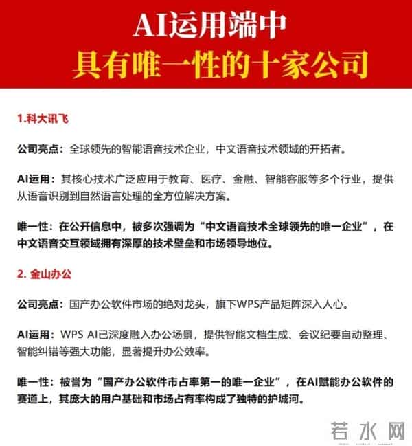 AI运用端，具有唯一性的十家公司