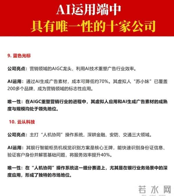 AI运用端，具有唯一性的十家公司
