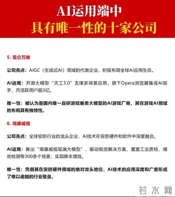 AI运用端，具有唯一性的十家公司