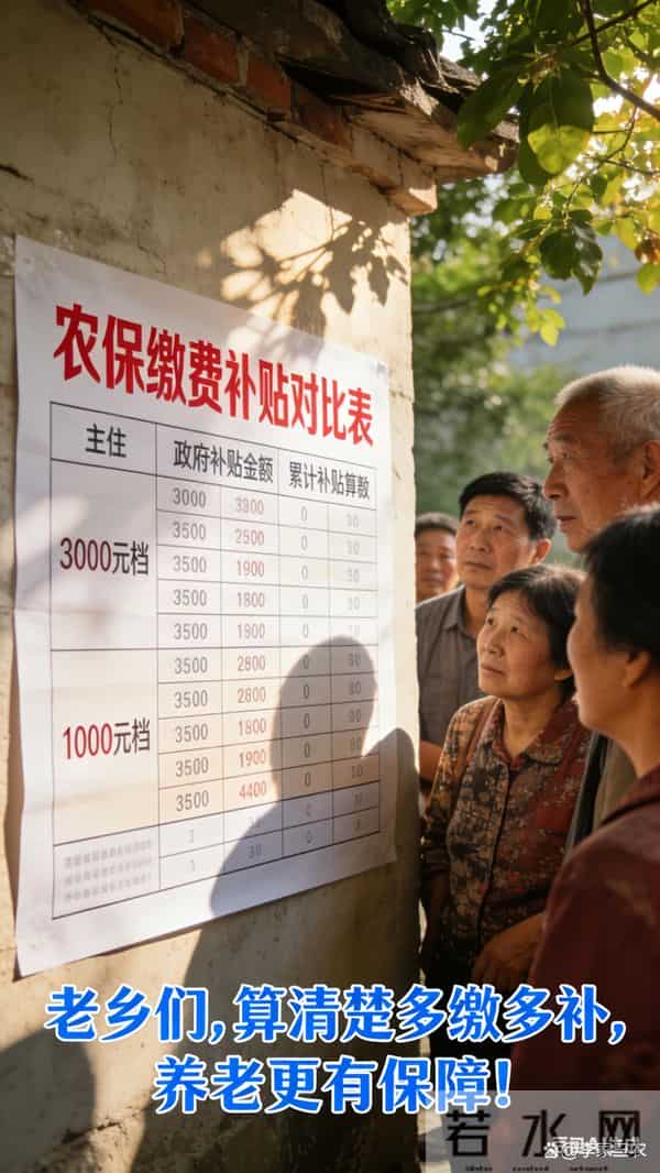 村头社保算账表：农保缴 3000 元档比 1000 元档，每年多领多少补贴？咱村老乡算清楚