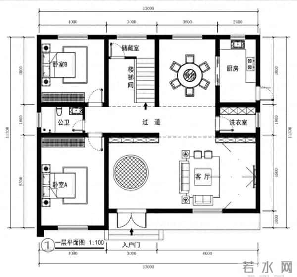 13米×11.3米三层别墅农村自建房设计户型图