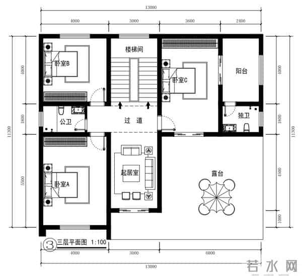 13米×11.3米三层别墅农村自建房设计户型图