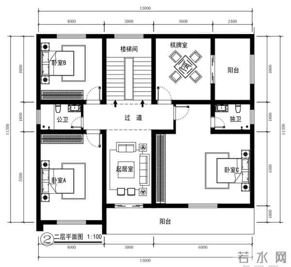 13米×11.3米三层别墅农村自建房设计户型图