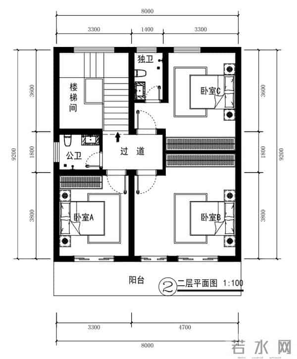 8米×9.2米二层别墅农村自建房设计户型图