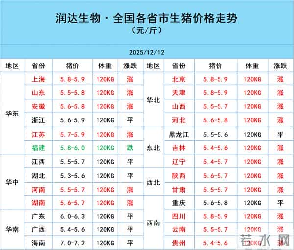 2025年12月12日明日猪价行情：猪价全线大涨！